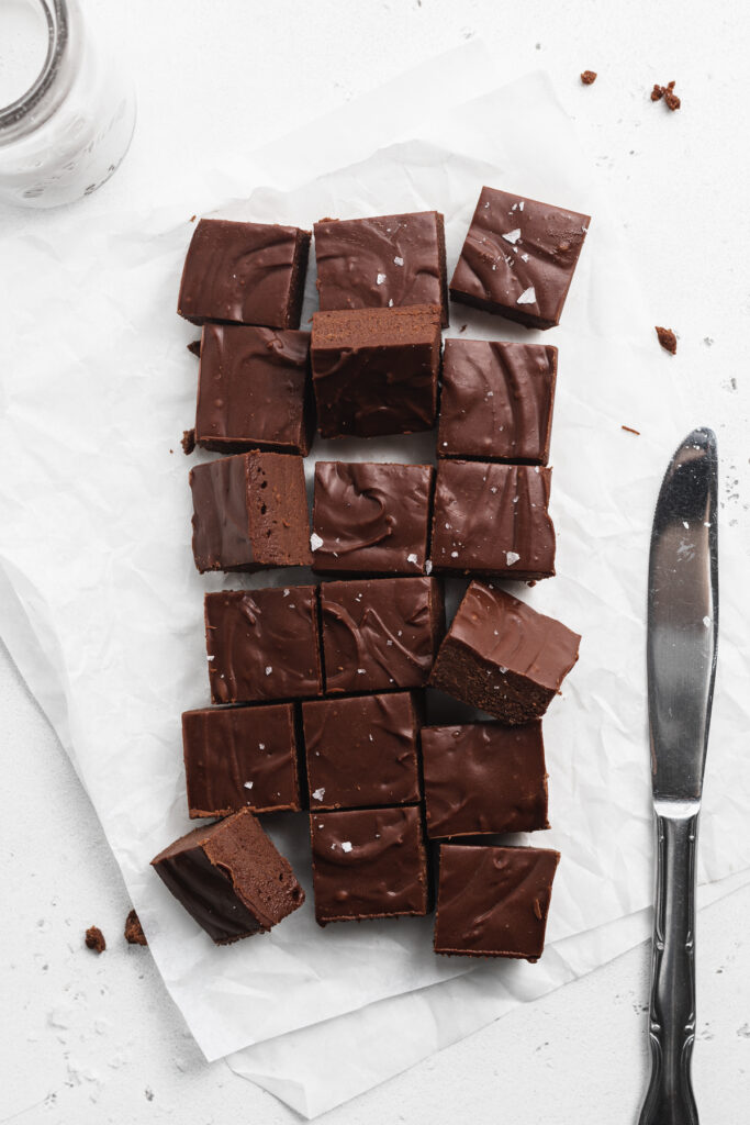 overhead image of fudge without condensed milk cut into squares.