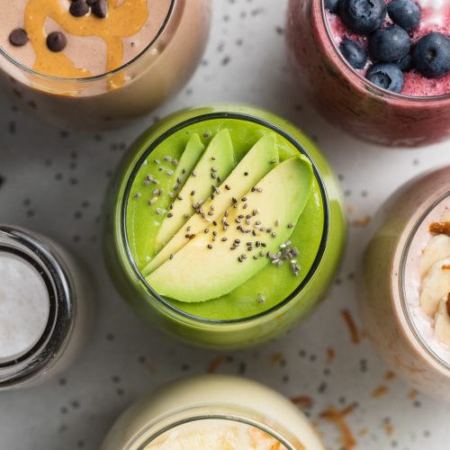 close-up overhead image of all 5 smoothie recipes