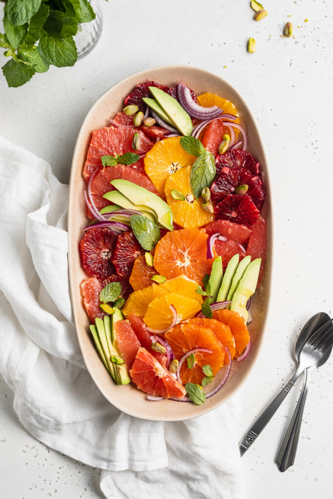overhead image of citrus salad on a serving platter