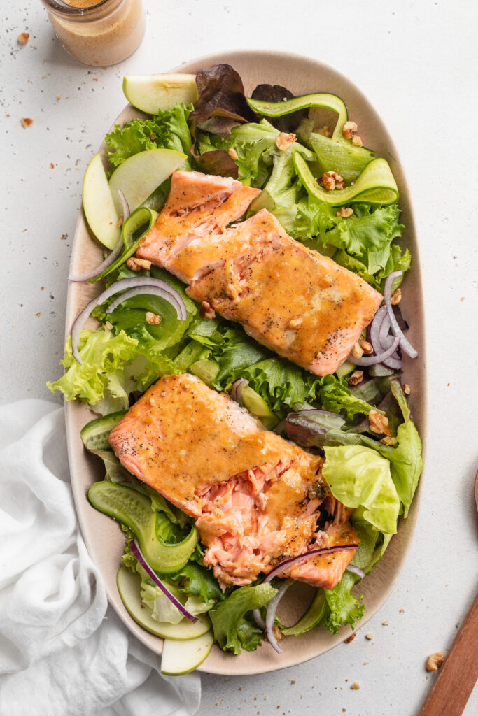 Maple dijon salmon salad on a serving platter.