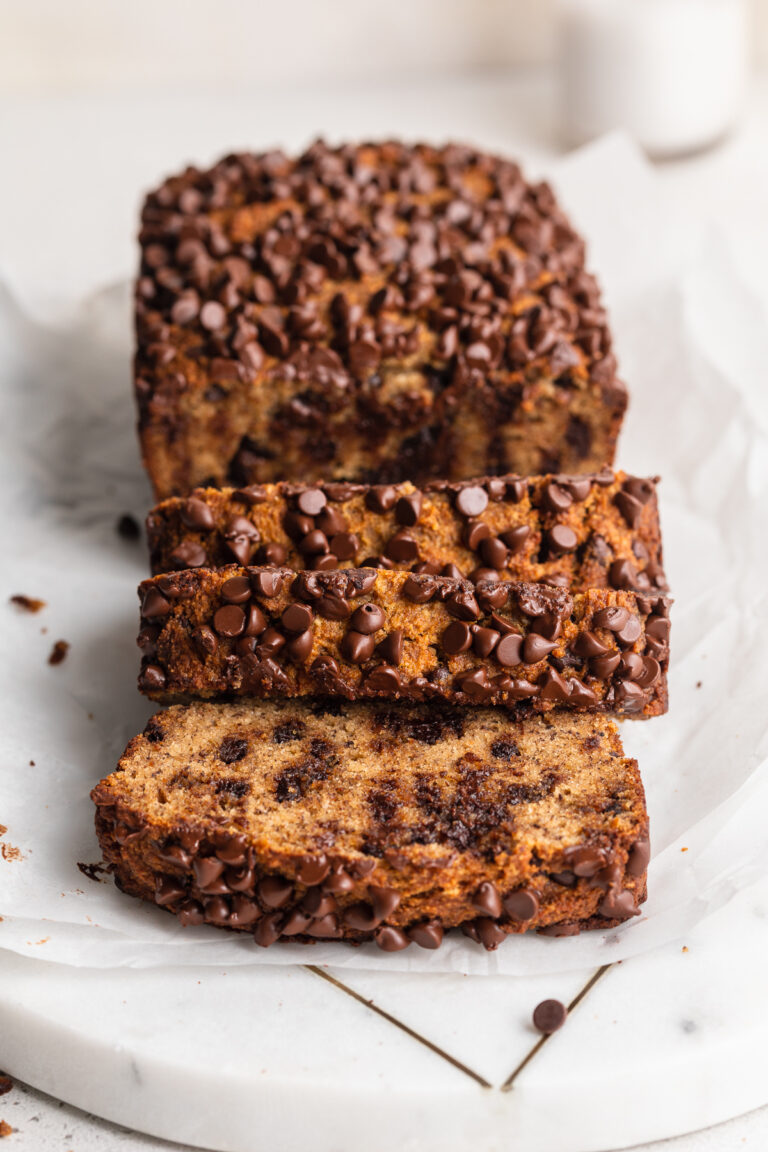 sliced almond flour banana bread with chocolate chips