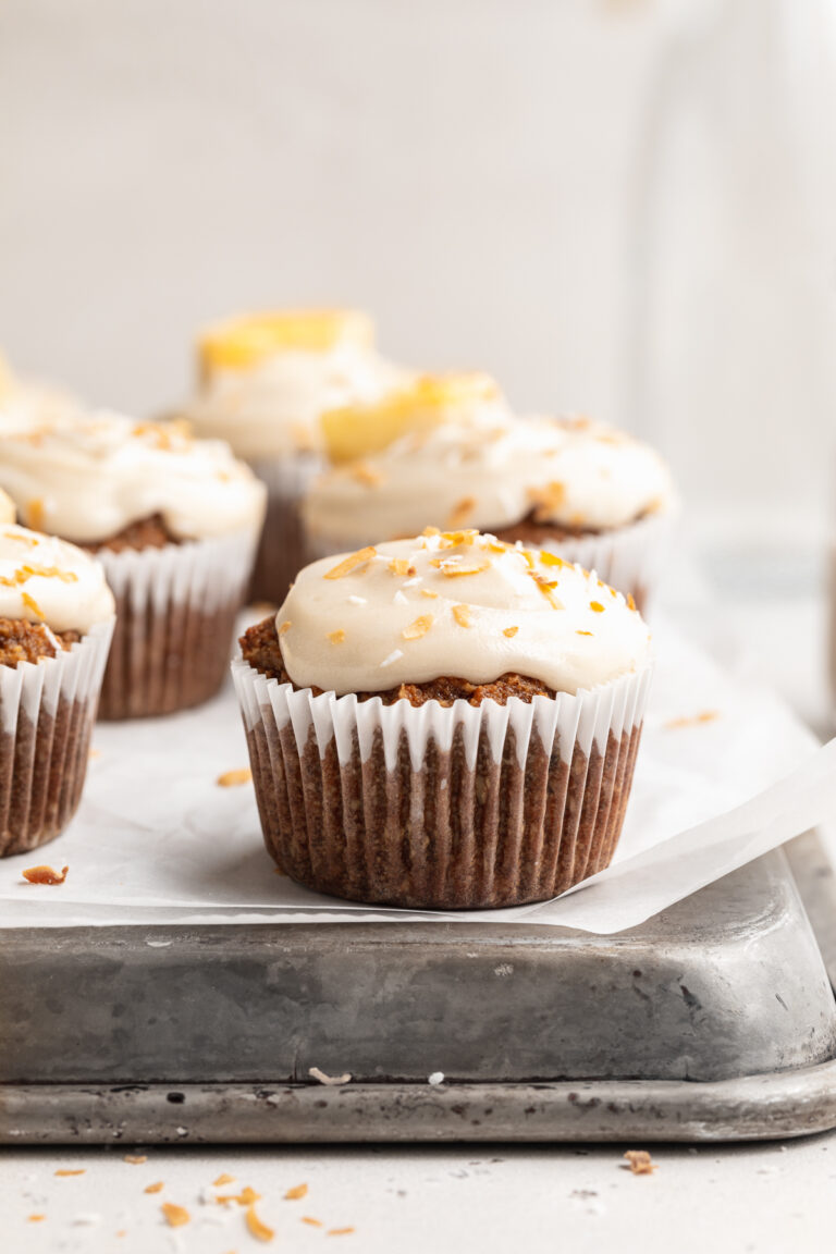 close-up image of an almond flour hummingbird cupcake
