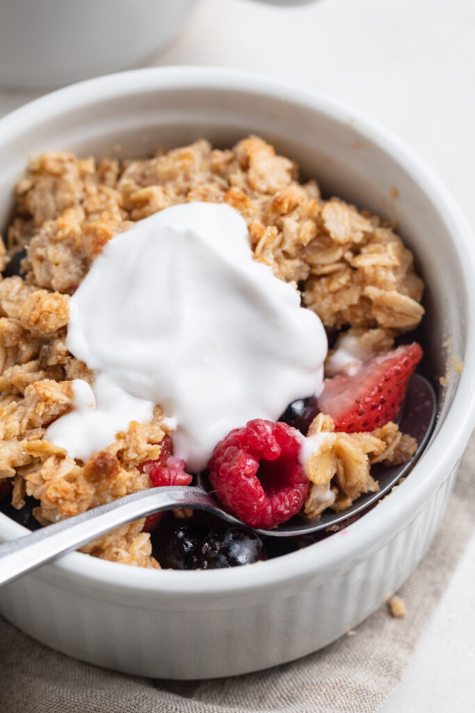 close-up image of berry breakfast crisp.