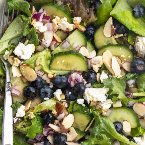 Close-up overhead image of spring mix salad in a bowl.