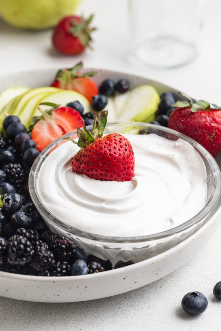 fresh strawberry in marshmallow fruit dip.