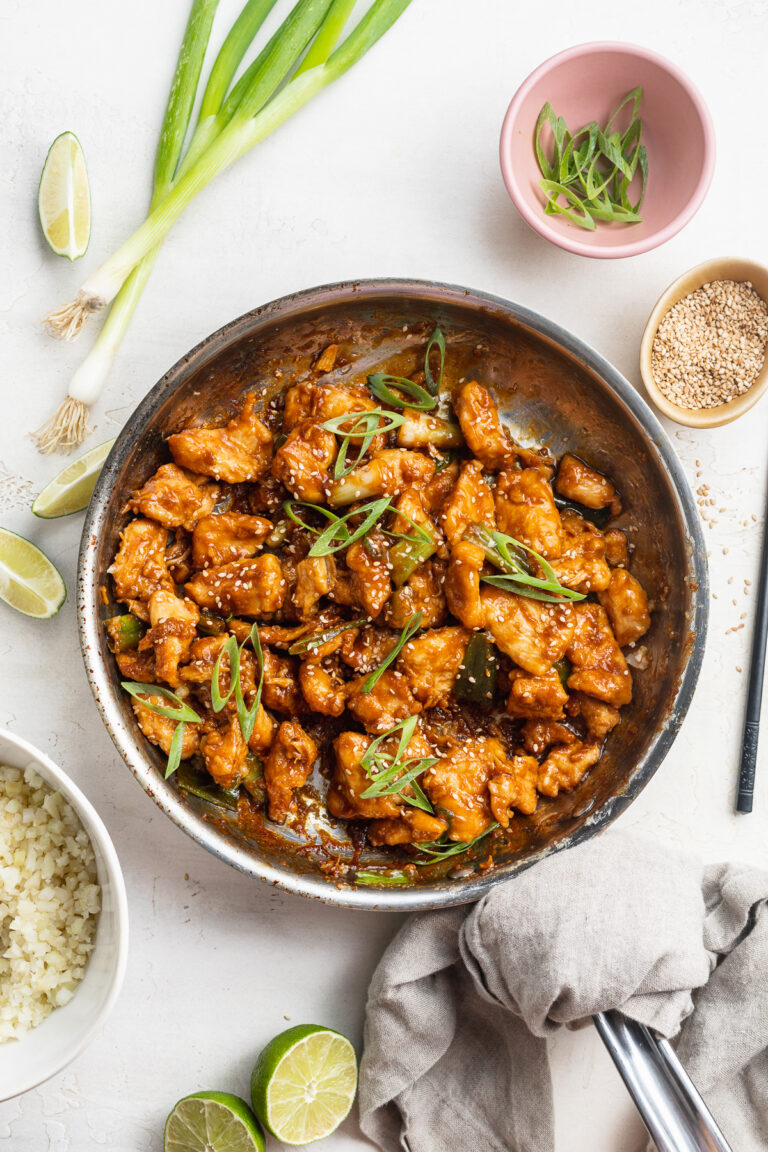 mongolian chicken in a skillet