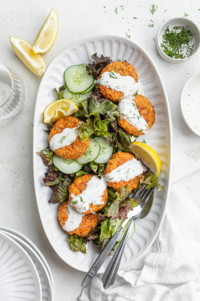 overhead image of air fryer salmon patties on a platter.
