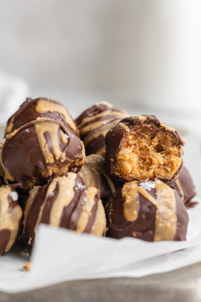 close-up image of crunchy peanut butter balls.