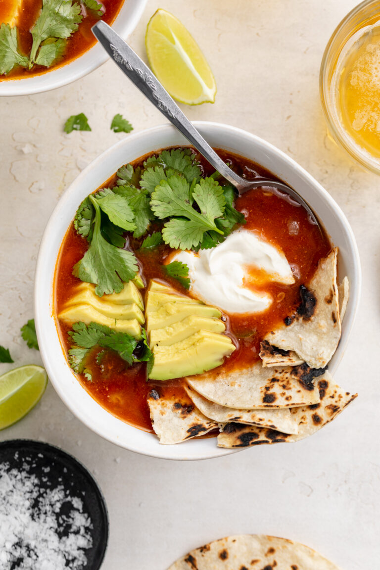 overhead image of Mexican soup with avocado, cilantro, sour cream, and tortillas on top.