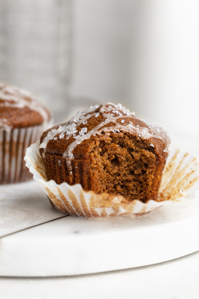 gingerbread muffin with a bite taken out.