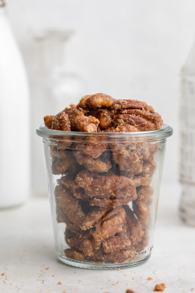 maple candied pecans in a jar
