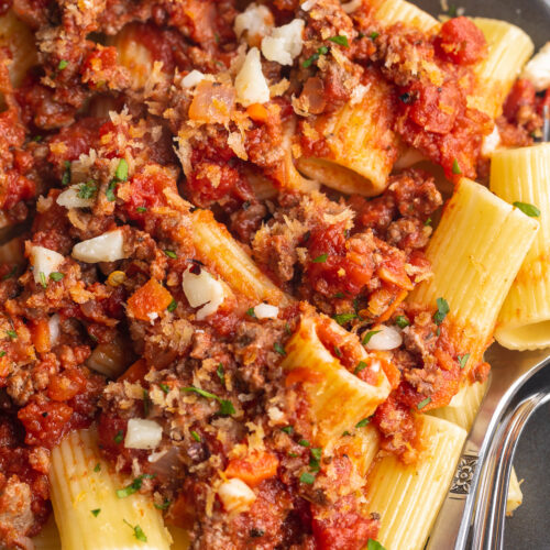 close-up image of rigatoni bolognese with parmesan cheese, toasted breadcrumbs, and chopped parsley on top.
