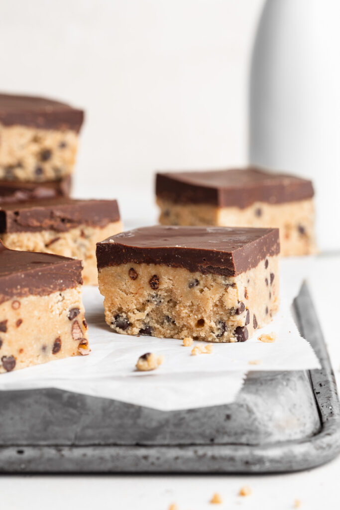 close-up image of a healthy no bake cookie dough bar.