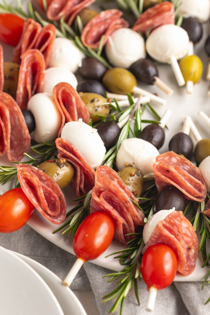 close-up image of skewers on antipasto wreath.