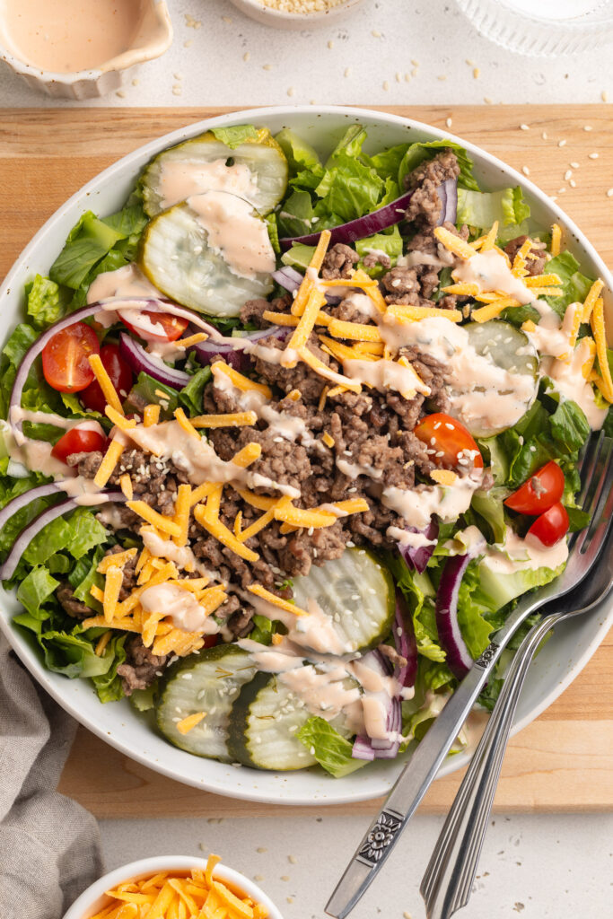 overhead image of healthy big mac salad in a bowl.