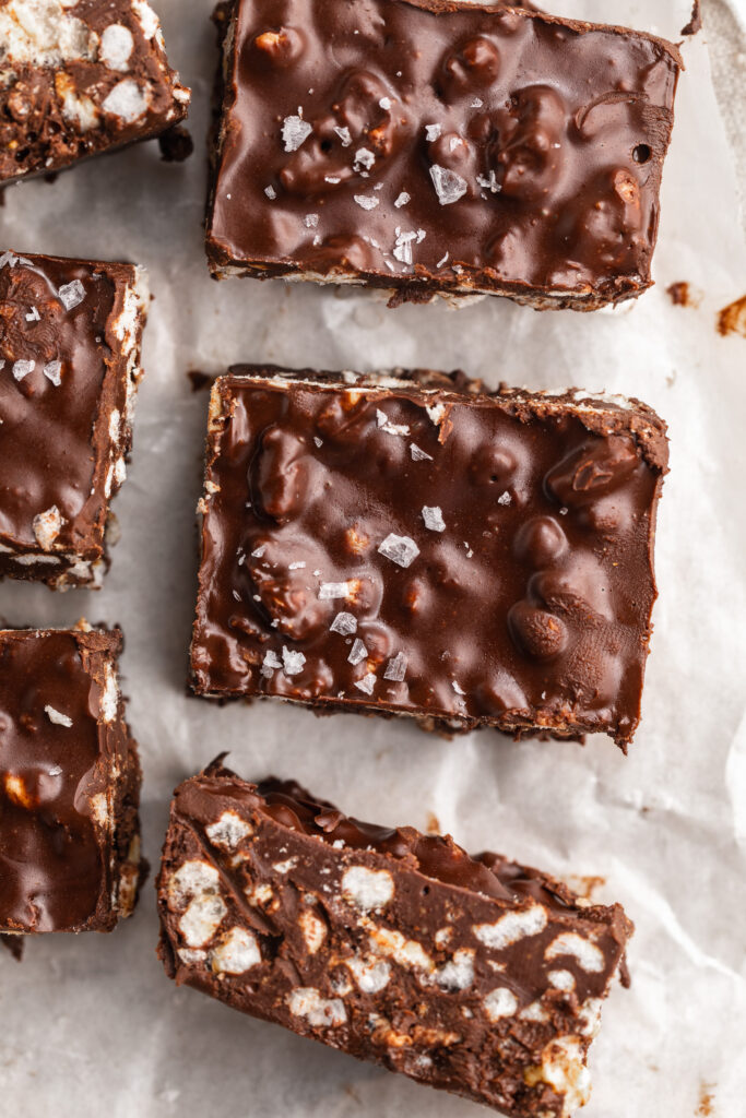 overhead image of 3 ingredient no bake homemade crunch bars with sea salt on top.