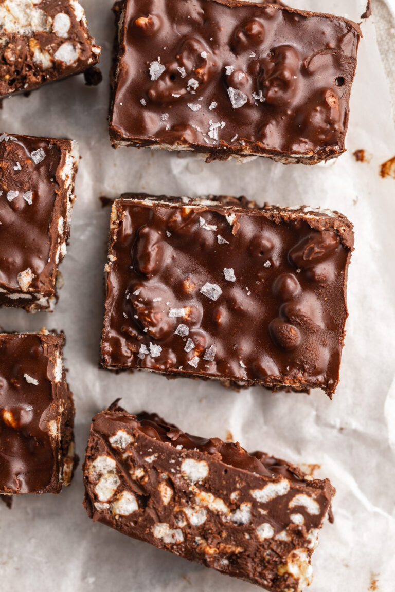 overhead image of 3 ingredient no bake homemade crunch bars with sea salt on top.