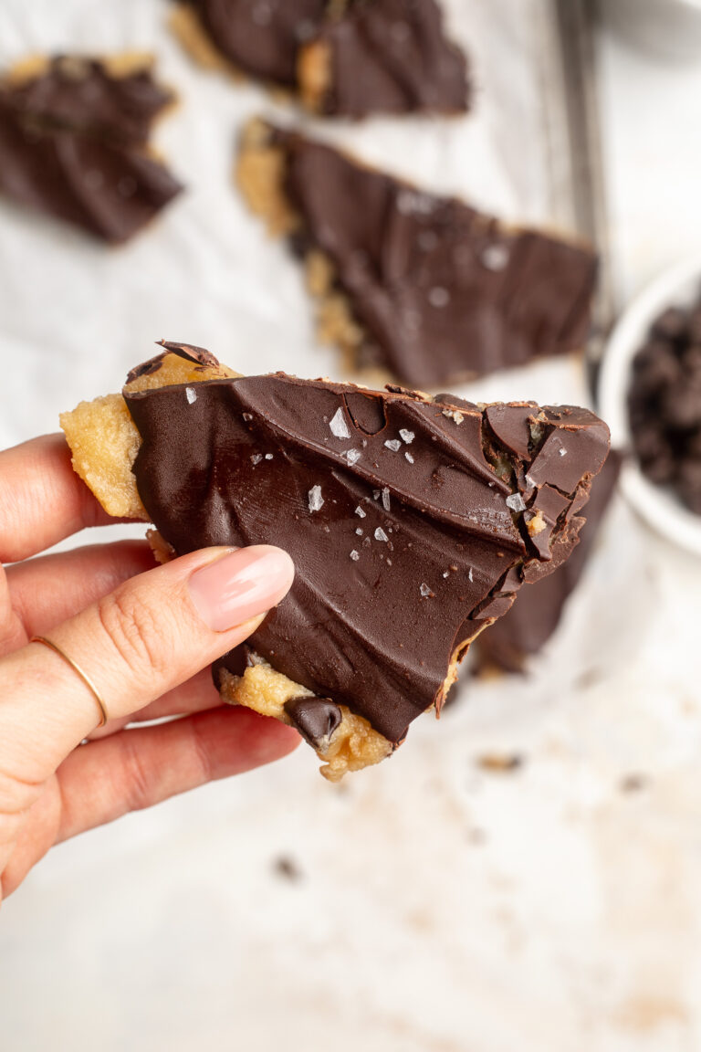 4 ingredient gluten free cookie dough bark piece with sea salt on top.