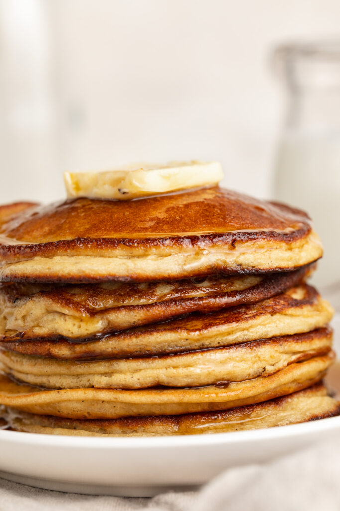 close up image of a stack of protein pancakes.