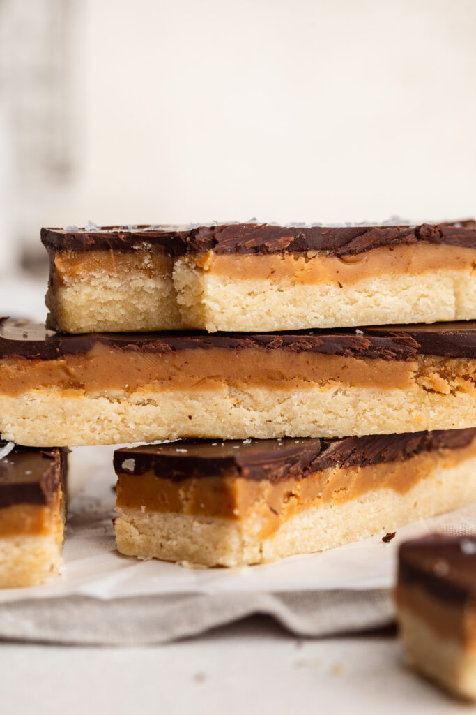healthy twix bar with a bite taken out.
