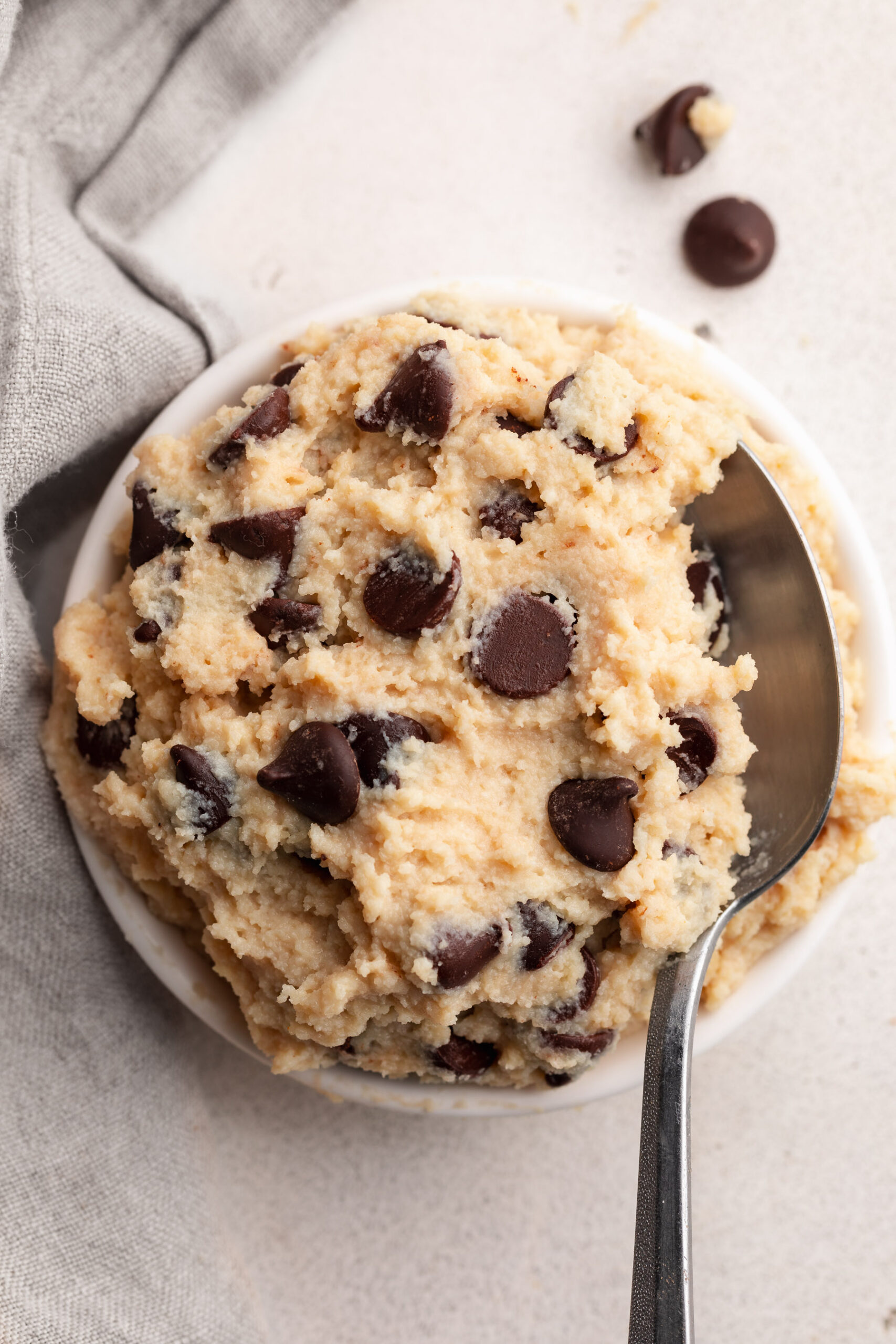 overhead image of cottage cheese cookie dough in a small dish.