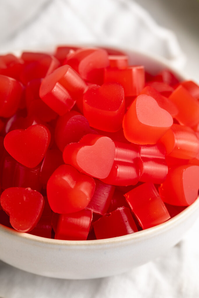 close up image of 3 ingredient healthy watermelon gummies in a small bowl