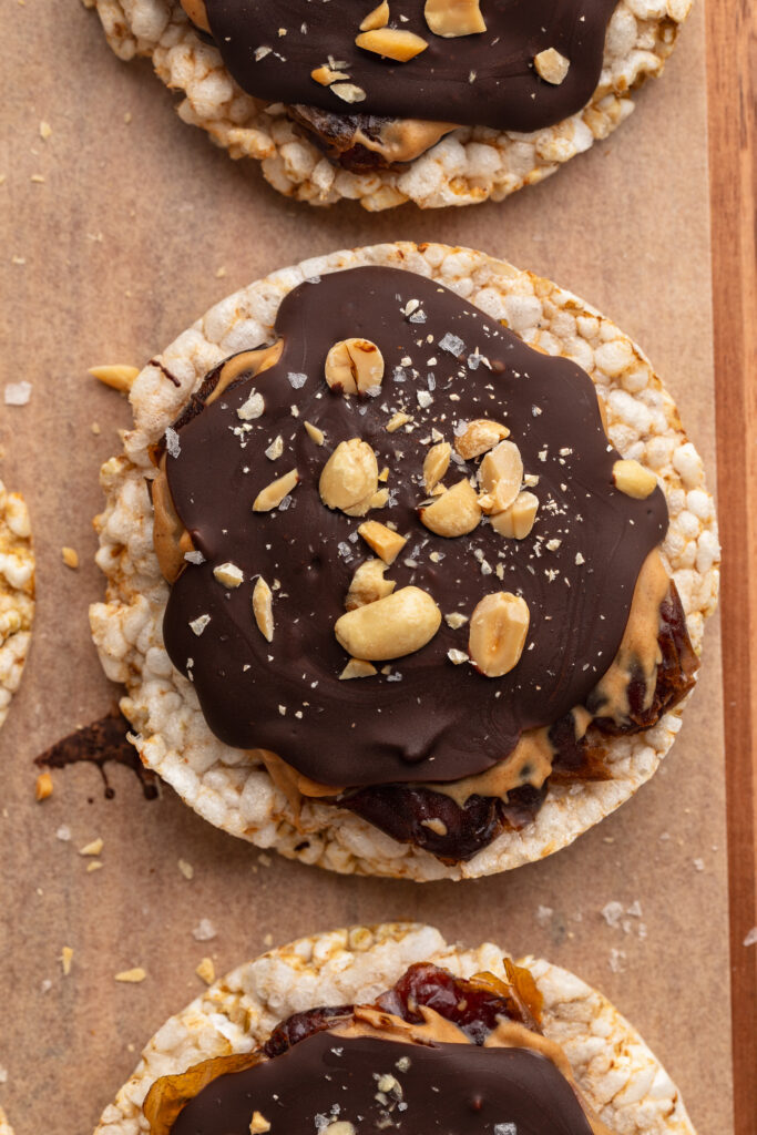 overhead image of a healthy snickers rice cake.