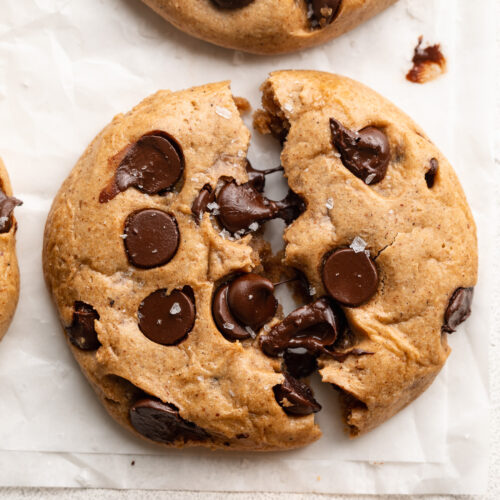overhead image of a protein cookie cut in half.