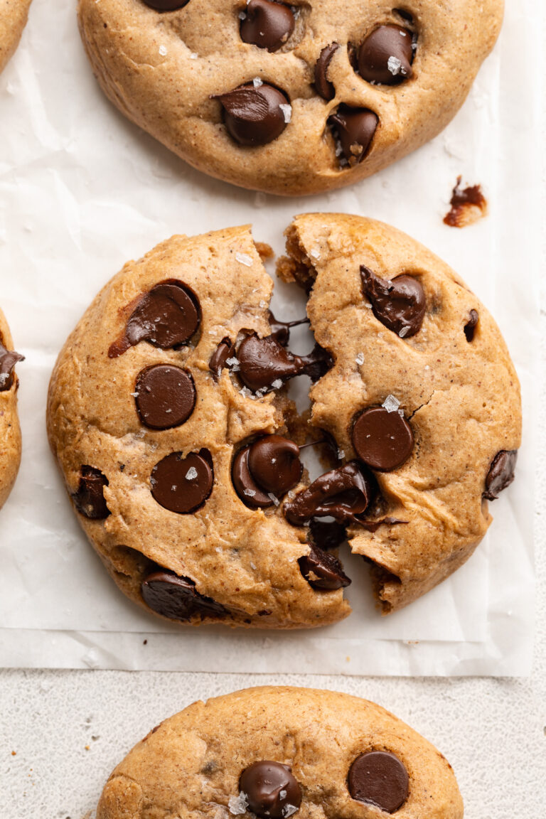 overhead image of a protein cookie cut in half.