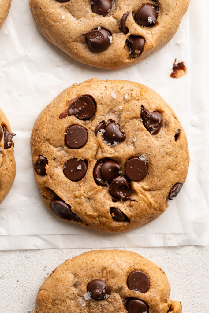 overhead image of protein cookies on a table.