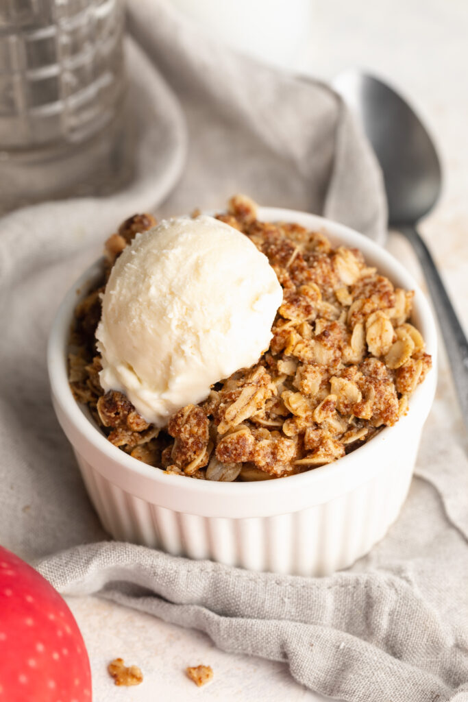 single serve apple crumble with ice cream.