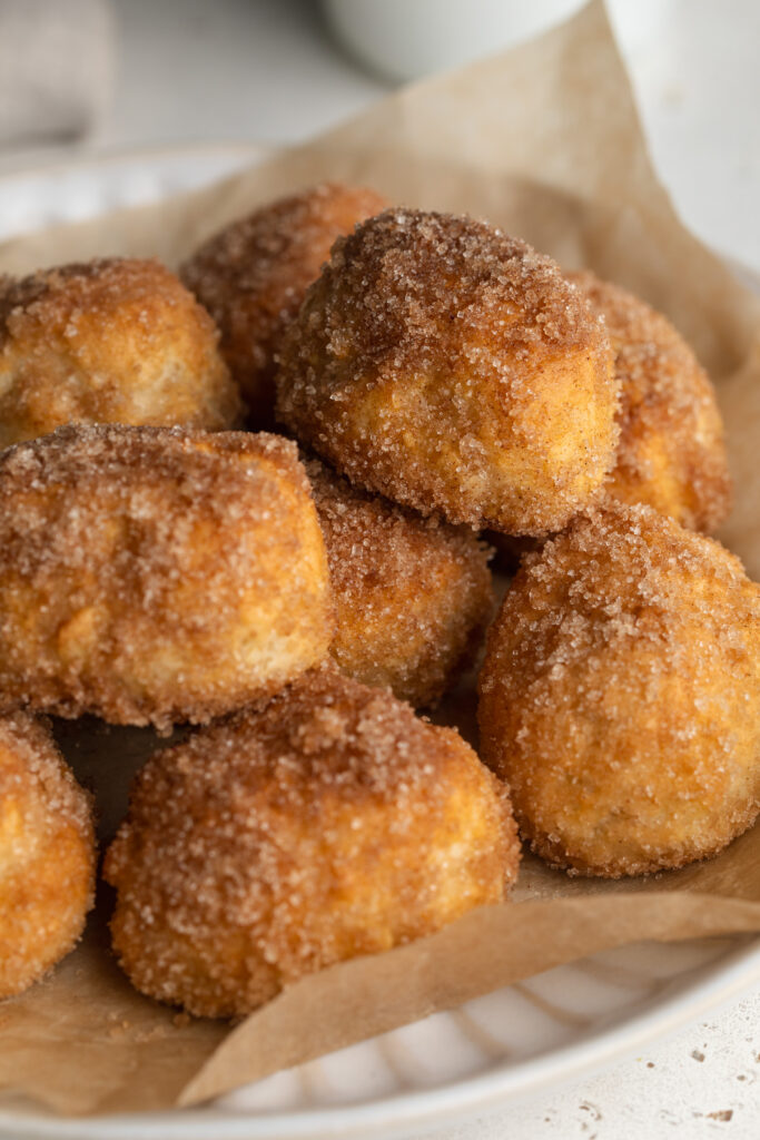 cinnamon sugar pretzel bites on a plate.