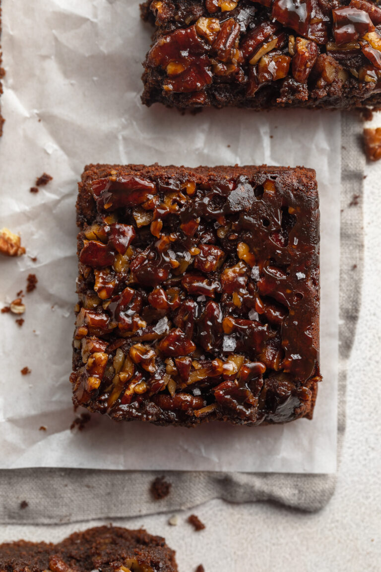 overhead image of a healthy sticky pecan pie brownie.