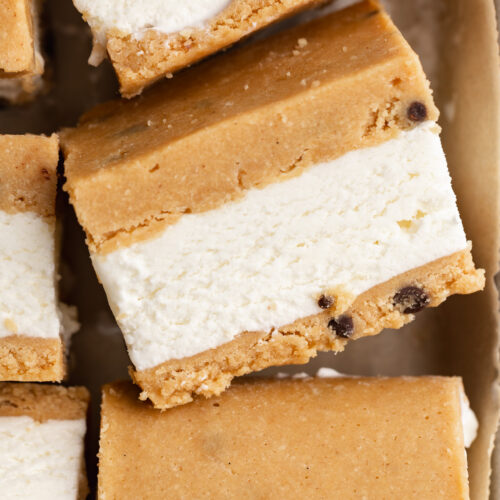 overhead close up image of healthier cookie dough ice cream sandwiches.