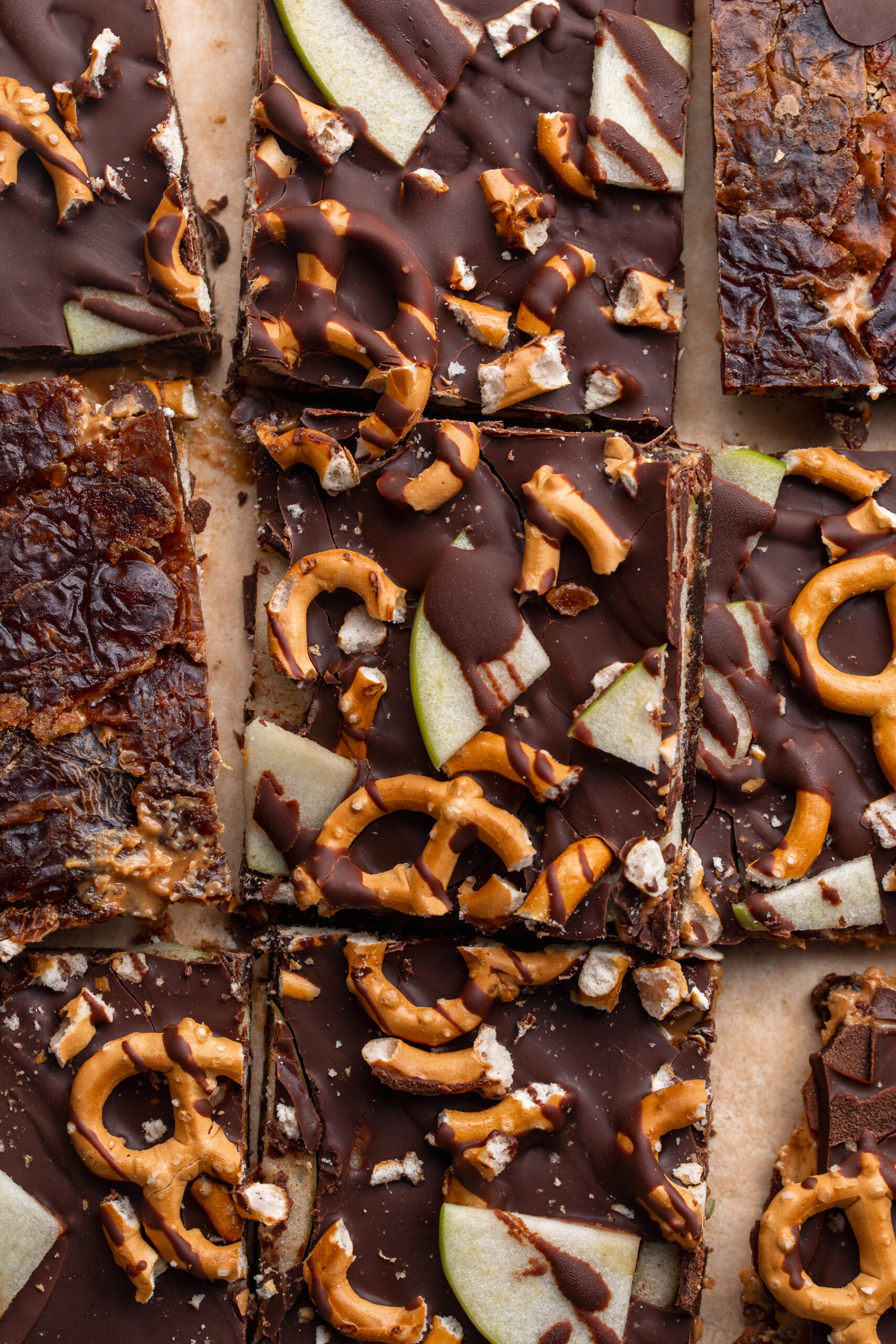 overhead image of caramel apple date bark cut into pieces